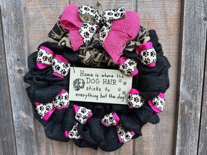 Dog Lover Black & Pink Paws Burlap Wreath Door Wall Hanging - Small 17.5” - New